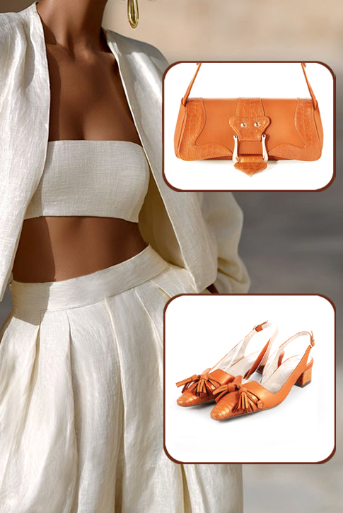 Dress slingback bow heels in apricot orange leather with kitten heels and tapered toe - Worn view